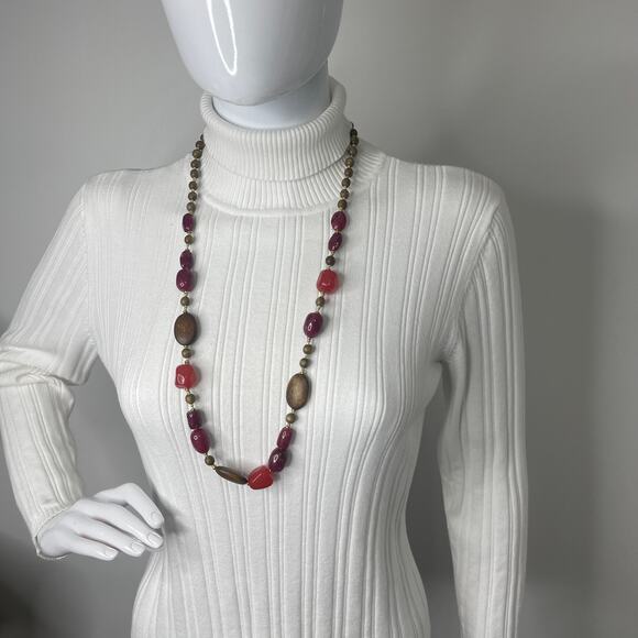 Sonoma beaded necklace signed costume jewelry chunky red brown resin wooden beea - Picture 1 of 9